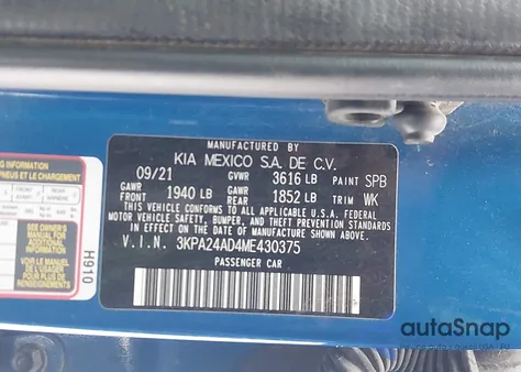 2021 Kia Rio S из США, поврежденный, VIN 3KPA24AD4ME430375